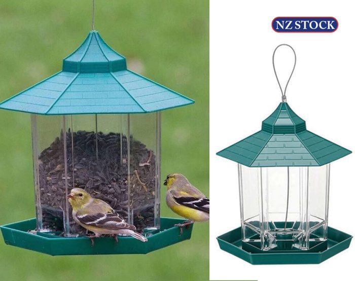Green Hanging Wild Bird Feeder Seed Container Waterproof Gazebo Shape Outdoor