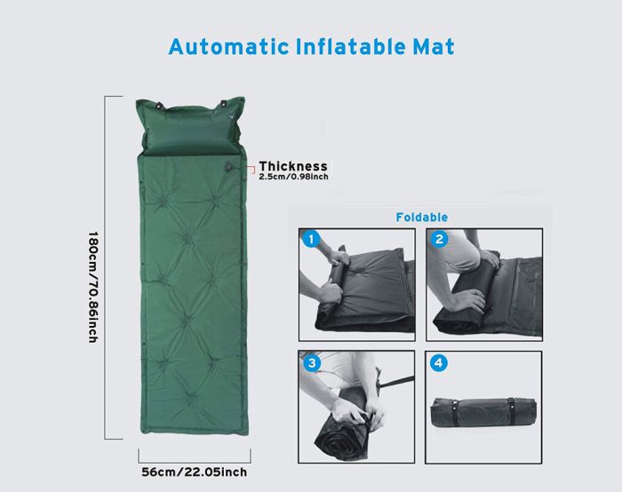 Self Inflating Camping Mattress with Pillow - Green