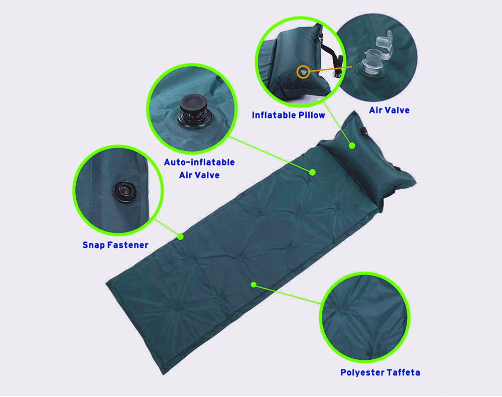 Self Inflating Camping Mattress with Pillow - Green