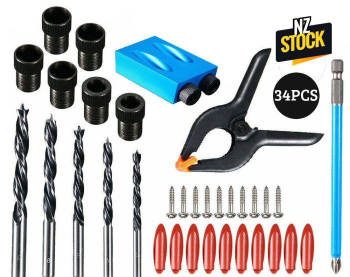 34pcs Pocket Hole Jig Dowel Drill Joinery Screw Kit